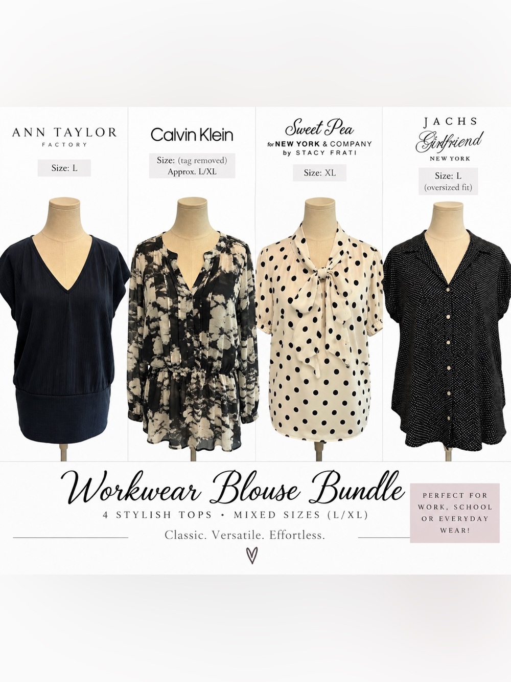 Women’s L XL Workwear Blouse Bundle 4 Pc Ann Taylor Calvin Klein NY&C Jachs